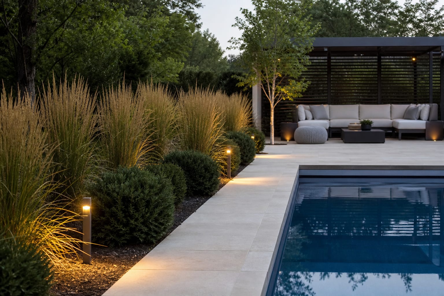 modern pool edge with repeated grasses, compact evergreen shrubs, and warm path lights grazing pale stone paving