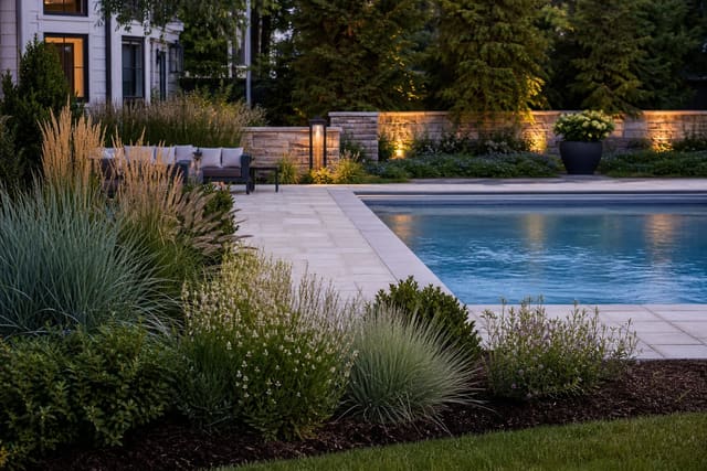 pool deck with layered ornamental grasses, evergreen shrubs, pale pavers, and low-debris planting around clear blue water