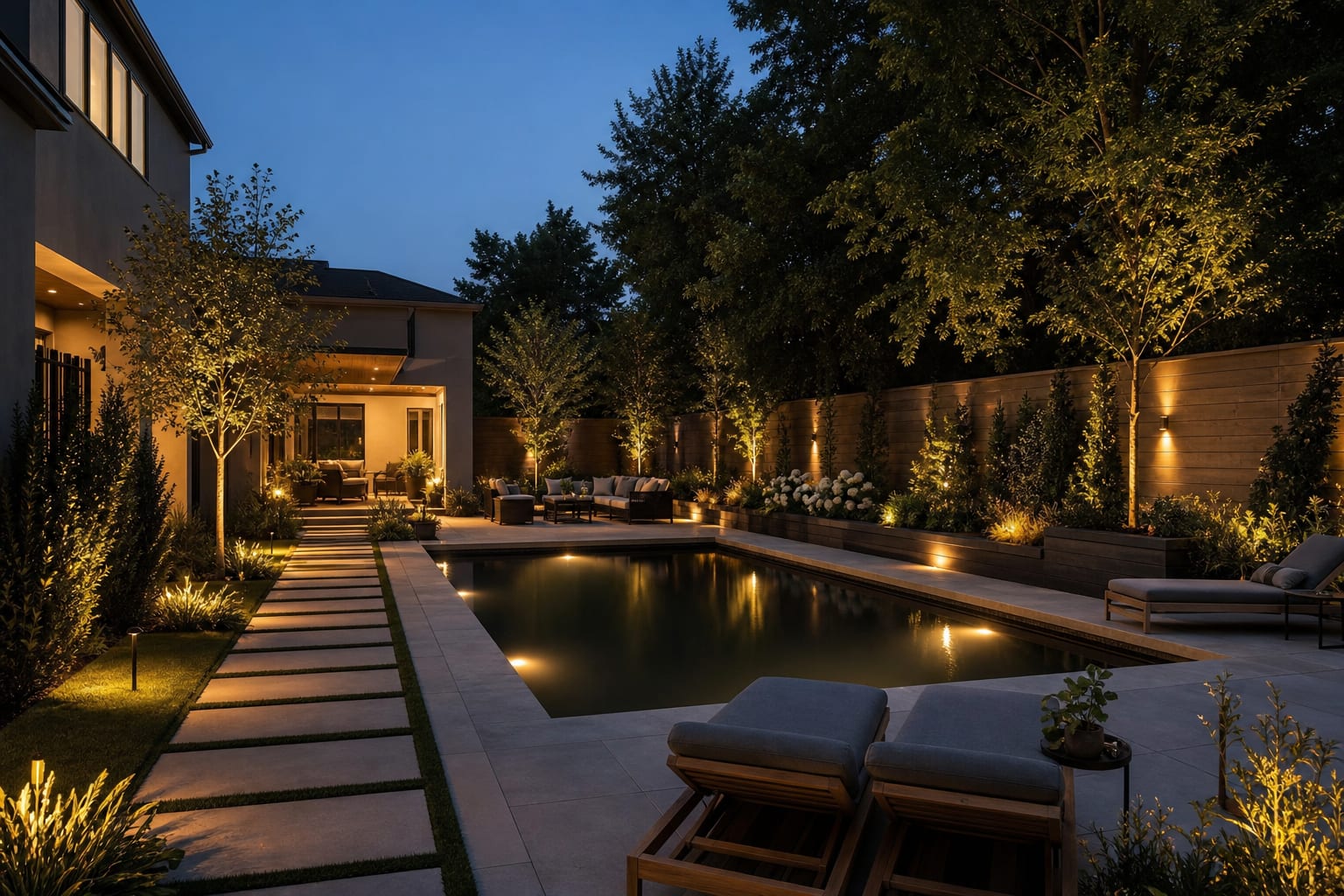 layered pool lighting plan with warm underwater lights, low perimeter fixtures, softly lit planting, and a visible path to the house