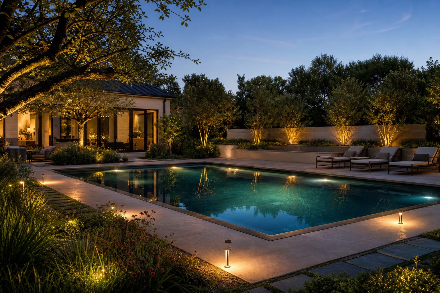 warm modern pool area with underwater lights, low perimeter markers, layered planting, and shielded landscape lighting at dusk