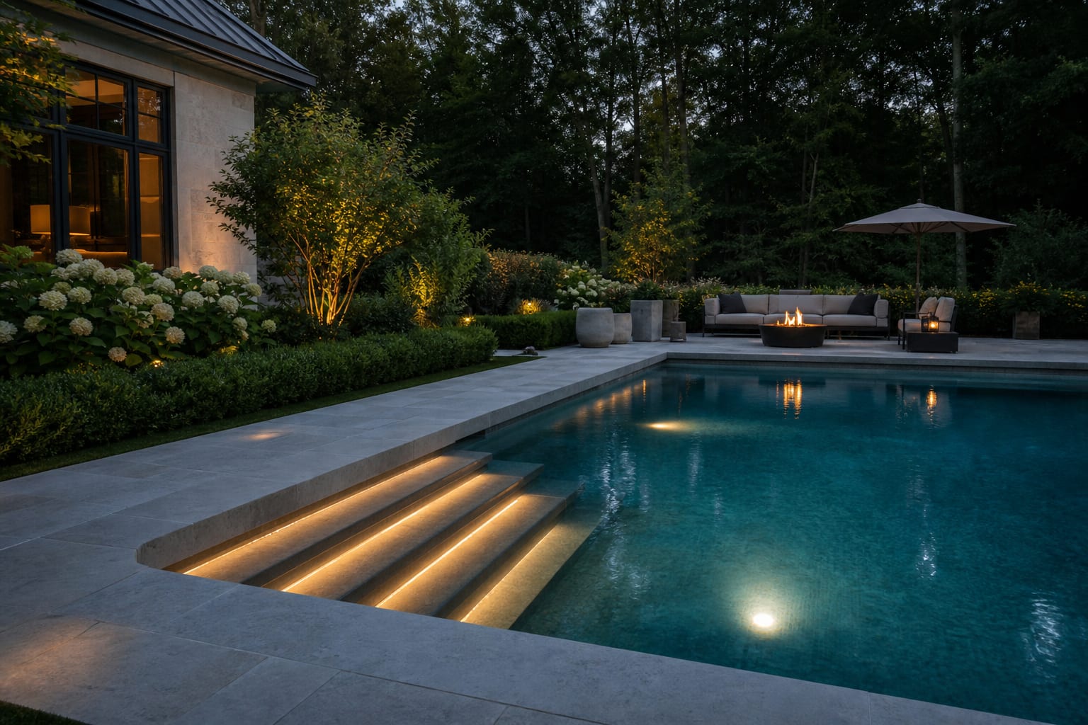 pool steps and coping marked with warm low lights while the water glows softly from underwater fixtures