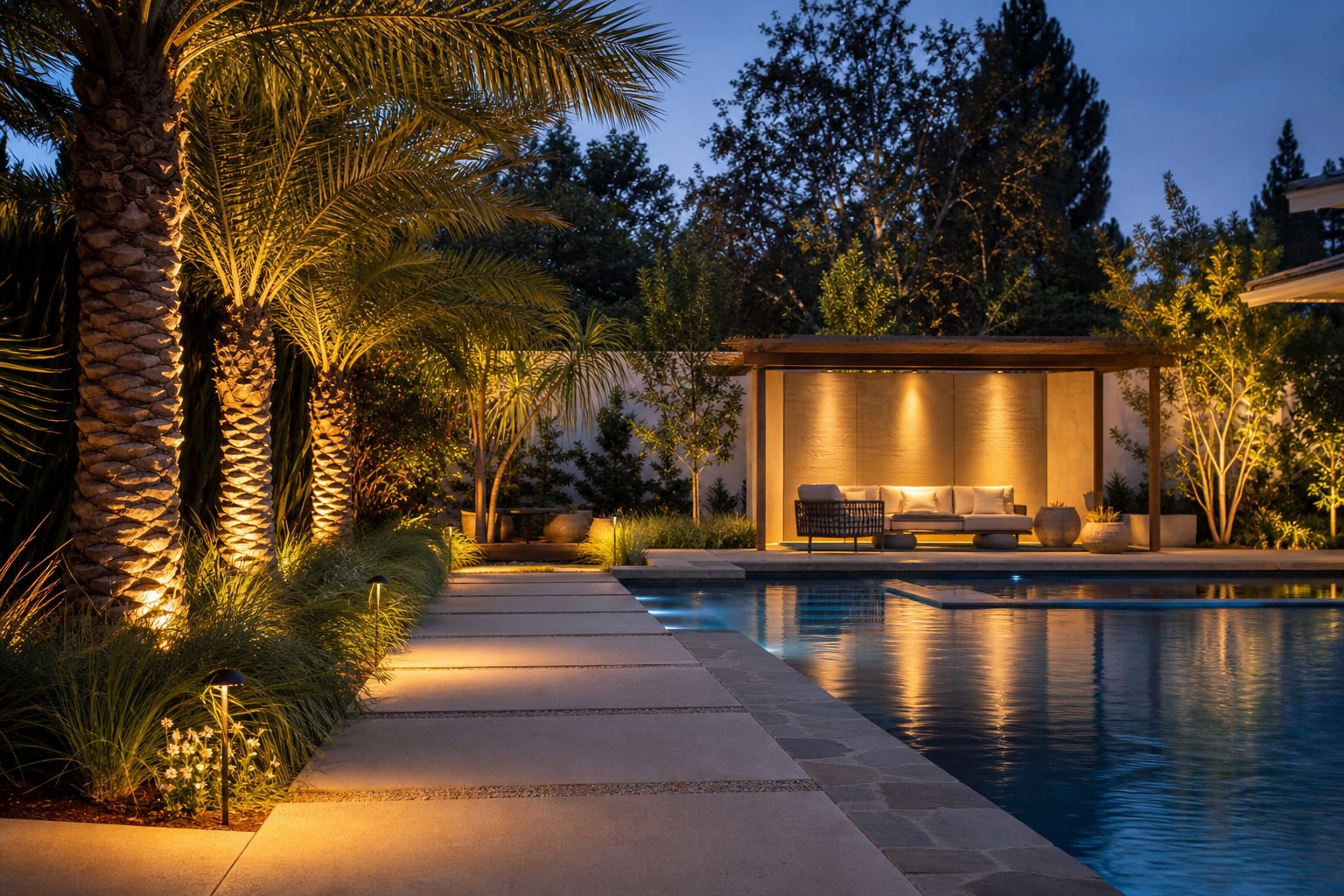 pool landscape lighting grazing palms, low grasses, stone coping, and a clear path beside a modern backyard pool