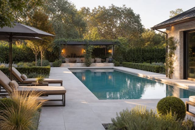 light porcelain pool patio with square coping, shaded loungers, planted edges, and a clear walking path around the water