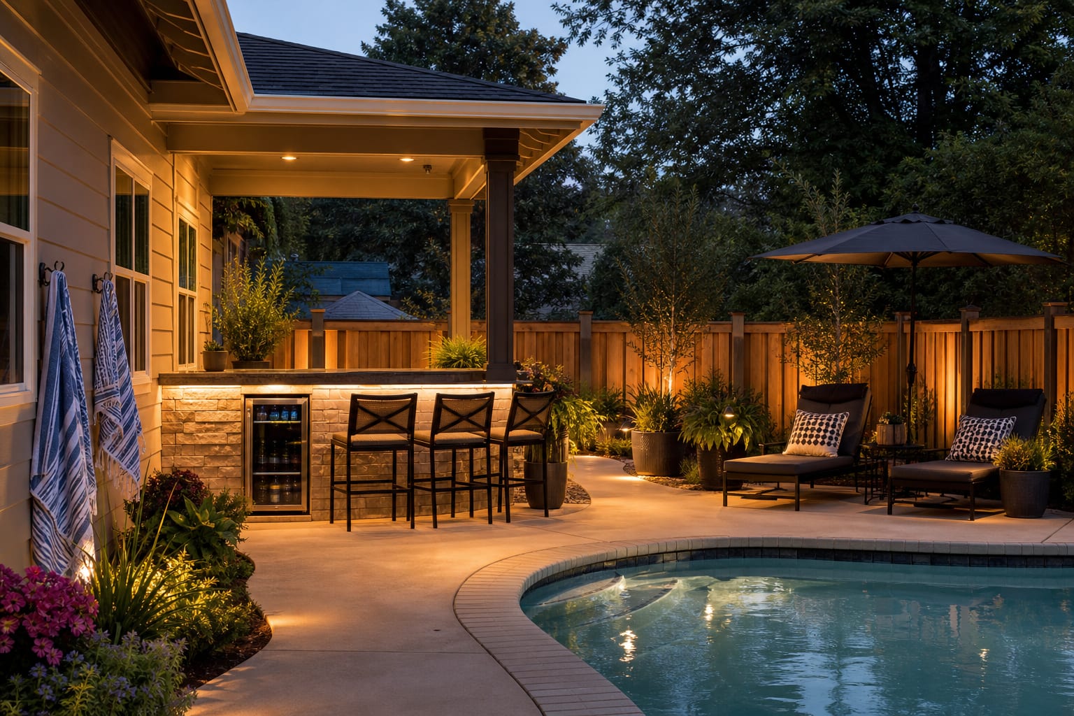 same pool corner with a shaded bar counter, exterior stone base, three stools, towel hooks, beverage storage, planters, and warm low lighting.