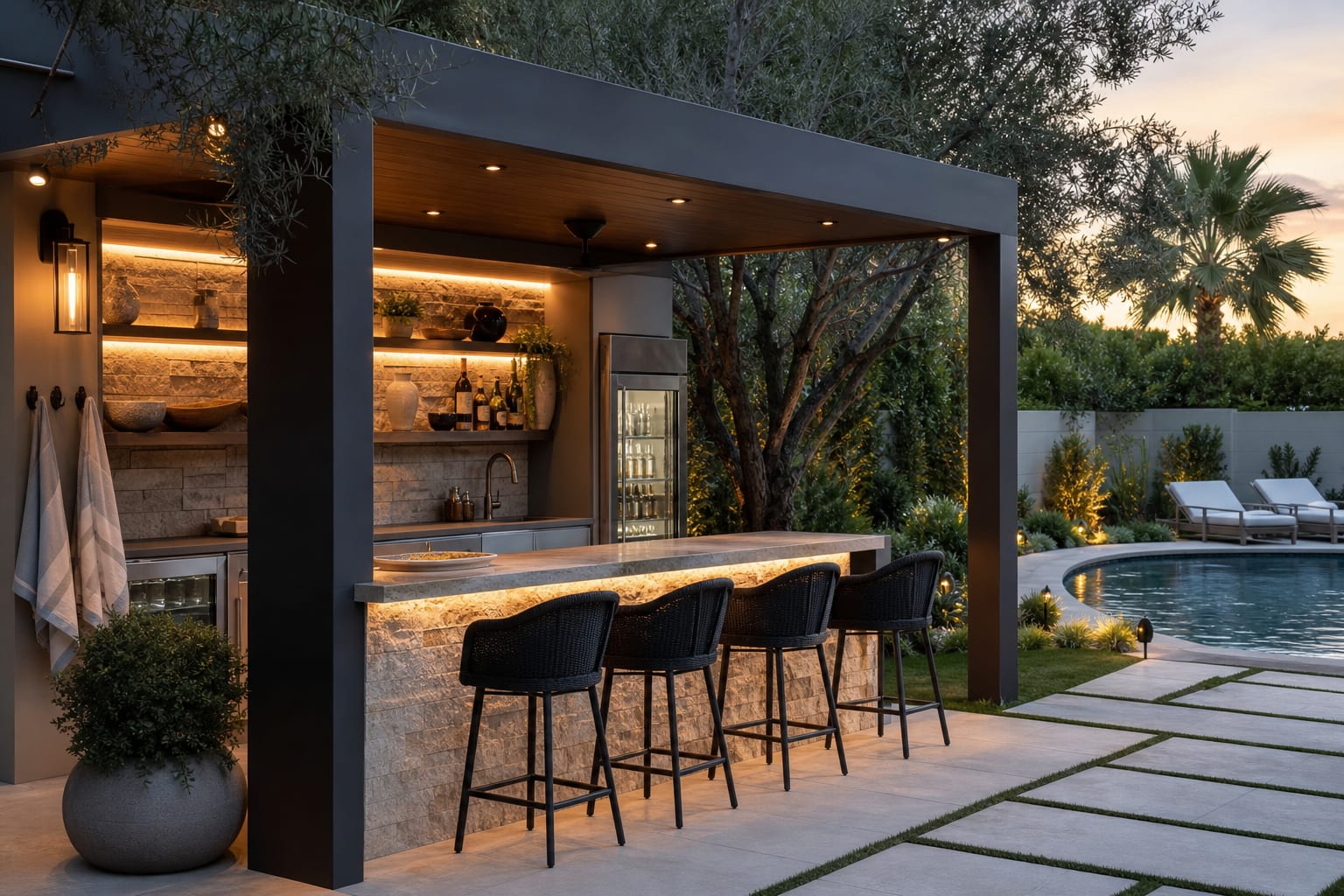 poolside bar with stone counter, shaded stools, outdoor fridge, towel hooks, and warm path lighting beside a modern pool
