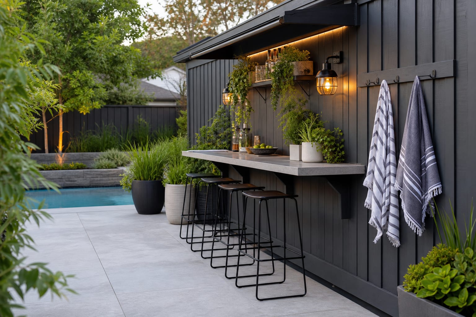 compact fence-line pool bar with slim drink ledge, black stools, towel hooks, potted grasses, and clear walking space