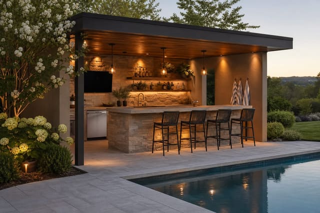 poolside bar with stone counter, shaded stools, outdoor fridge, towel hooks, and warm path lighting beside a modern pool