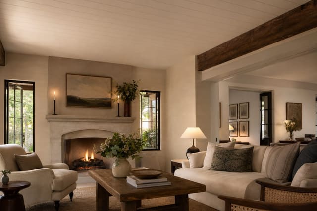 painted living room ceiling with subtle plank covering over old texture and warm side lighting