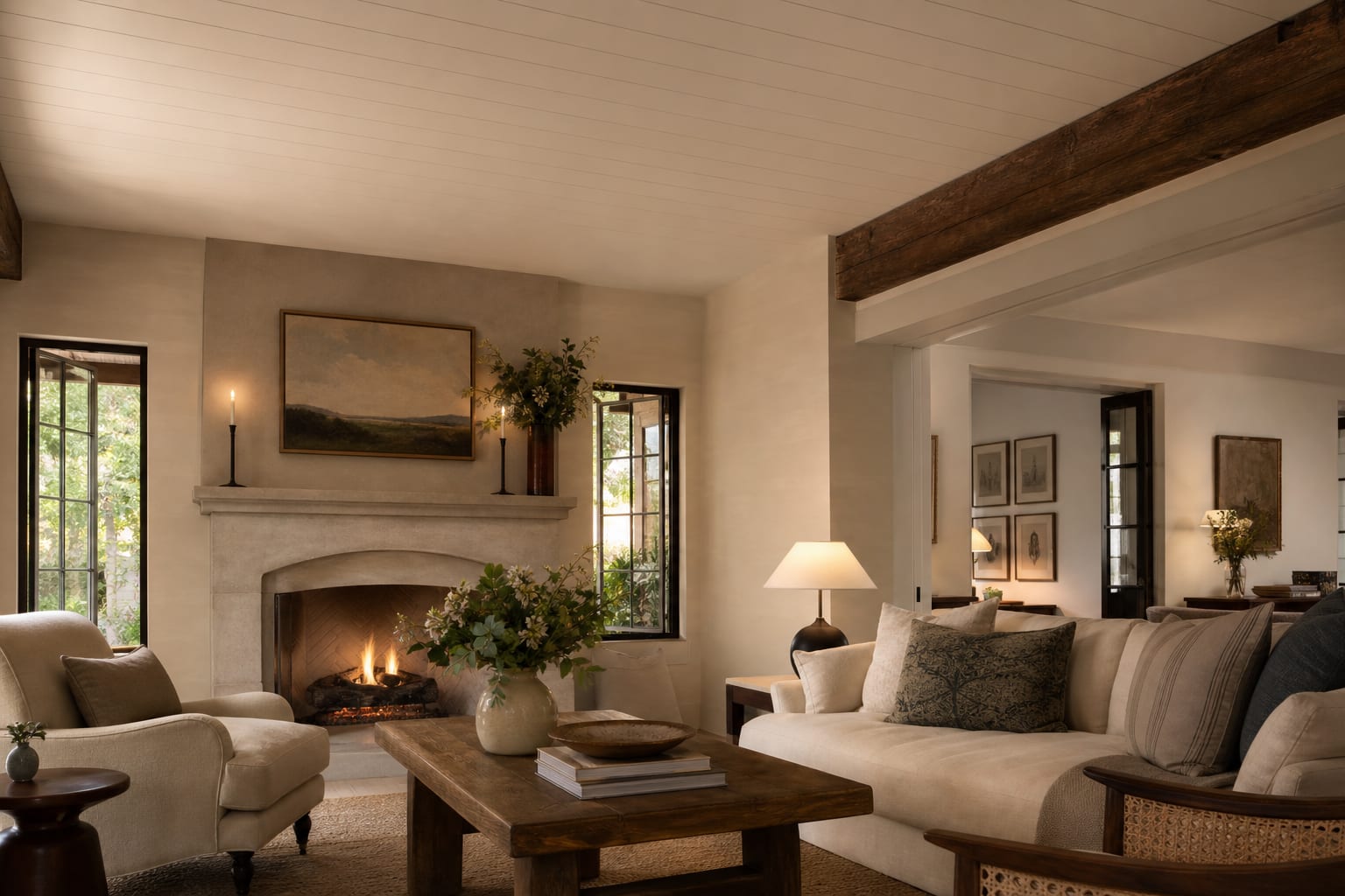 painted living room ceiling with subtle plank covering over old texture and warm side lighting