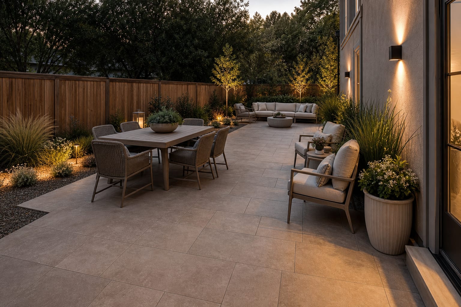 Warm porcelain paver patio with slim joints, gravel border, dining table, lounge chairs, planters, and soft exterior lighting.
