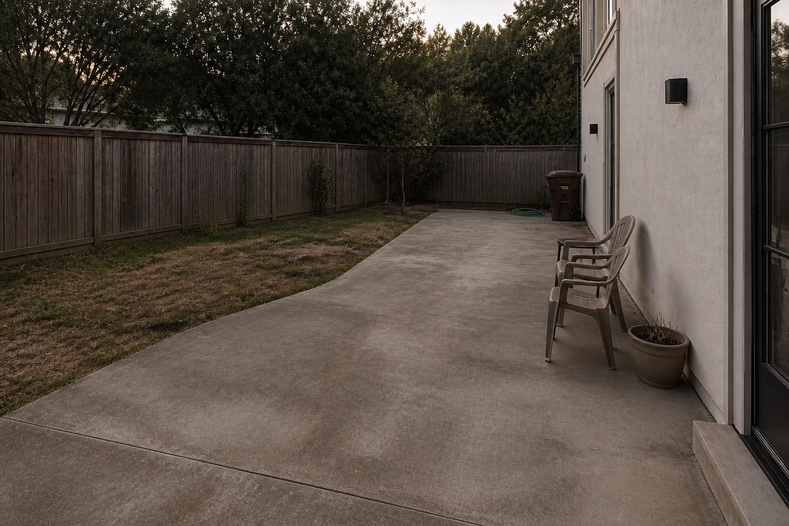 Bare concrete patio with scattered chairs, no defined edge, patchy lawn, and a blank rear wall in the same camera angle.