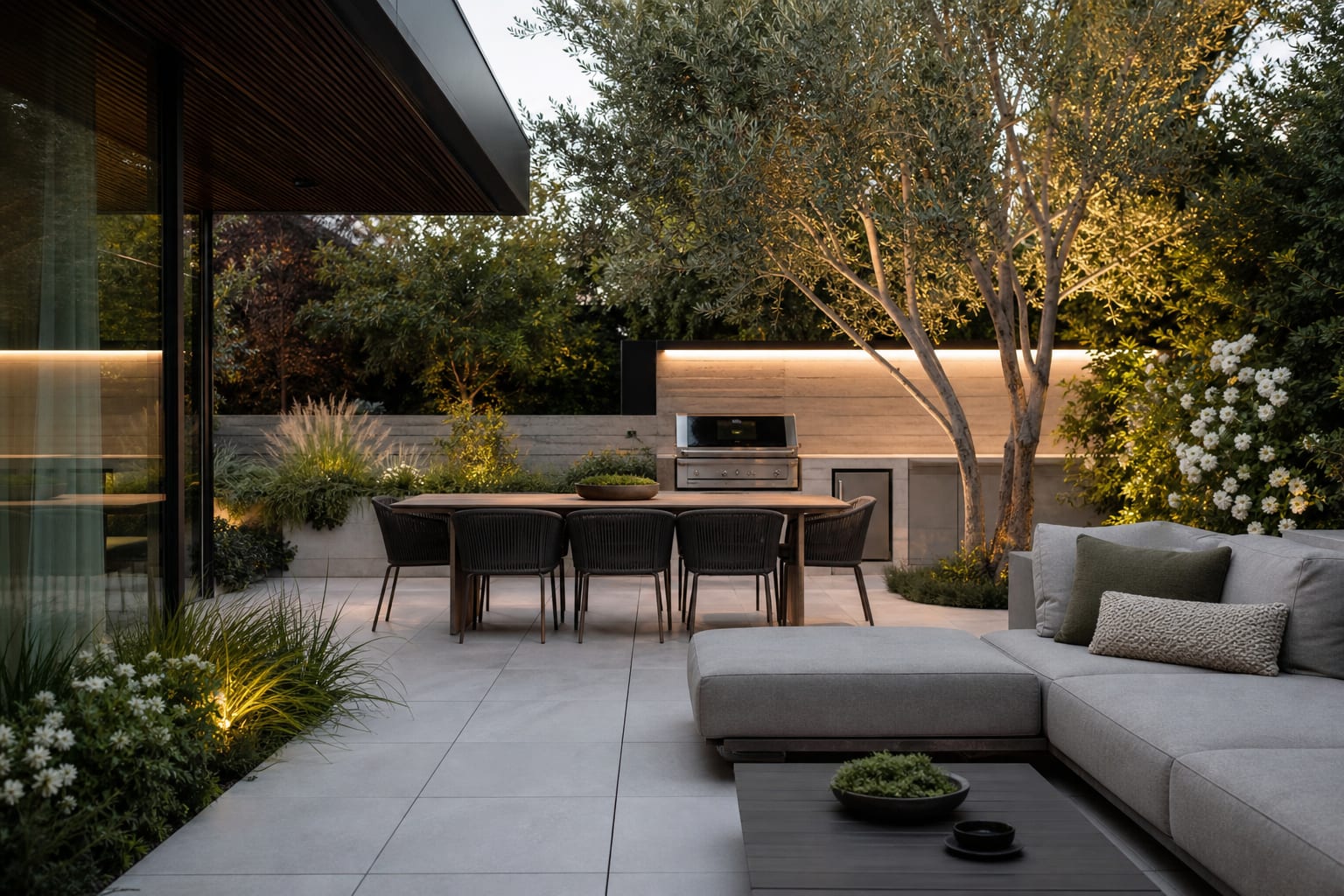 large porcelain patio pavers with slim grout joints, low lounge furniture, and planting beds around a modern outdoor dining area
