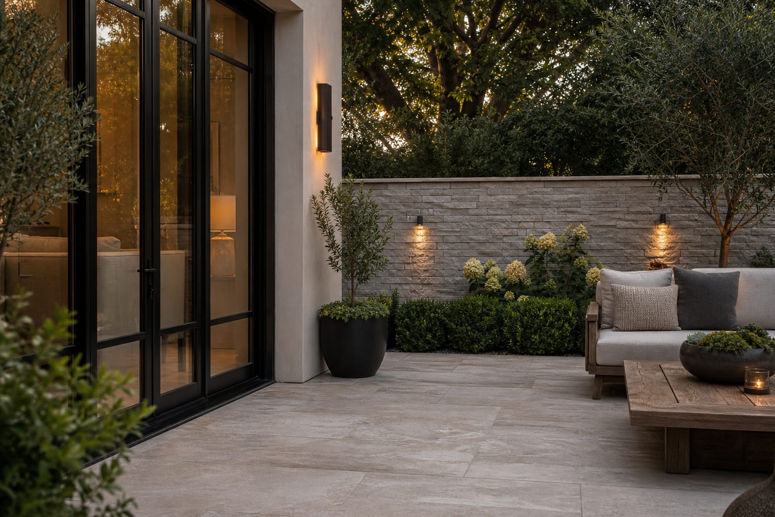 large format outdoor tile in a stacked pattern beside black-framed patio doors and a low stone veneer privacy wall