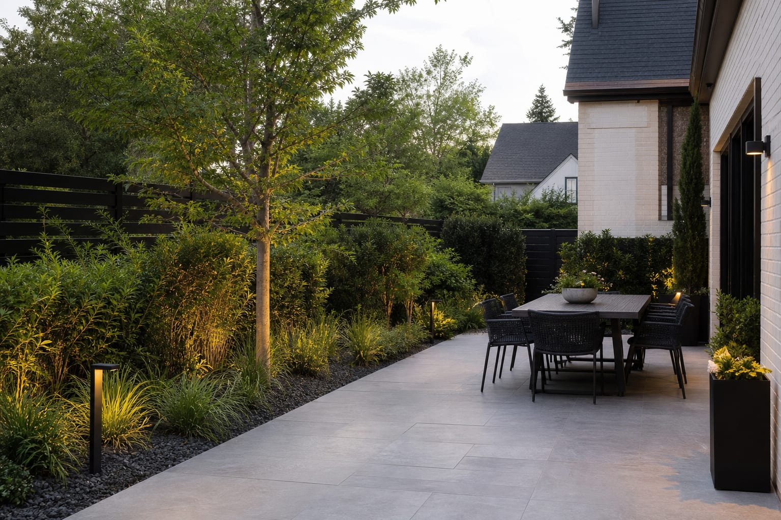 porcelain paver patio with a gravel planting strip, shielded path lights, and outdoor dining chairs set with clear circulation space