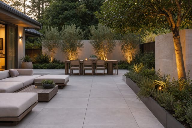 large porcelain patio pavers with slim grout joints, low lounge furniture, and planting beds around a modern outdoor dining area
