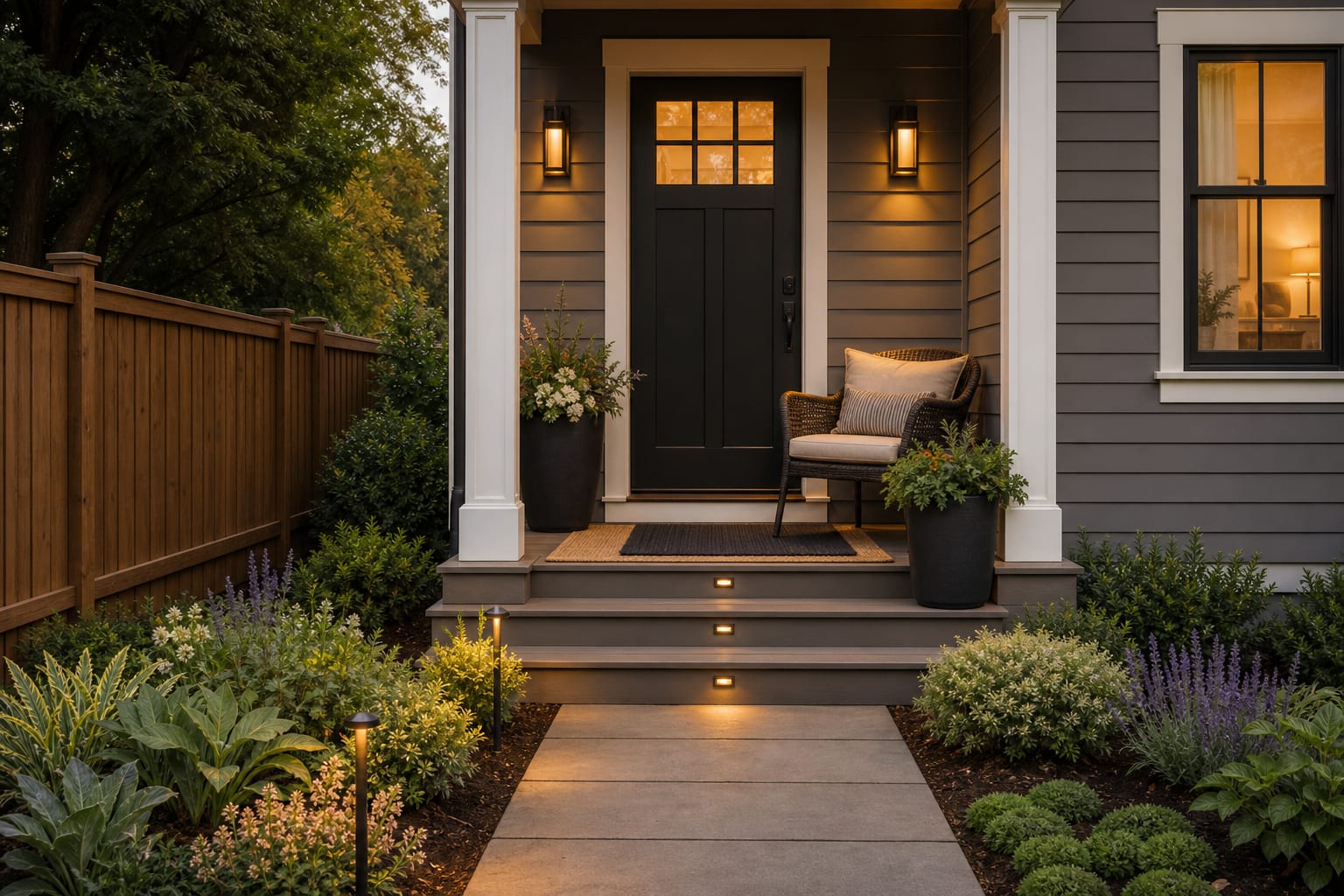 redesigned front porch from the same angle with a deep mat, single woven chair, large planters, warm sconces, and clearer entry path.