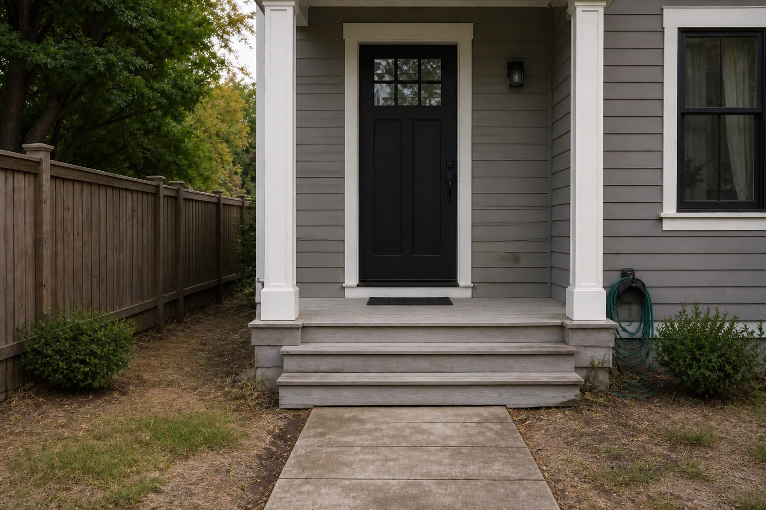 narrow front stoop with a bare door, tiny mat, small porch light, empty corners, and no comfortable place to sit.