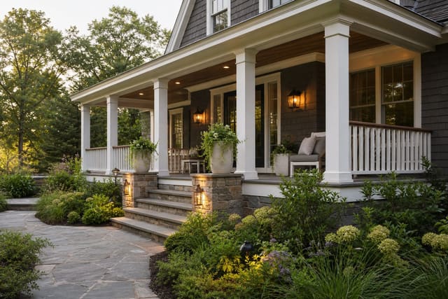 Porch Design Ideas: From Front Stoop to Full Wrap-Around shown as a photorealistic outdoor redesign with layered materials, planting, lighting, and clear circulation