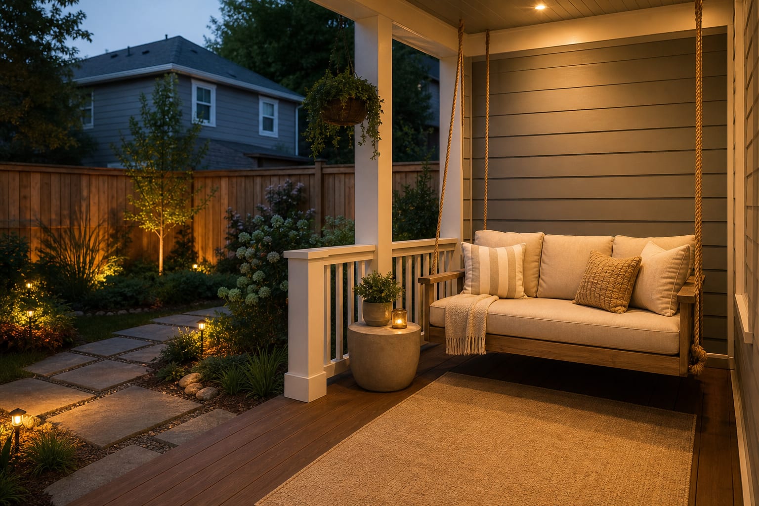 same porch corner with a correctly scaled hanging swing, weatherproof cushions, side table, and warm exterior lighting