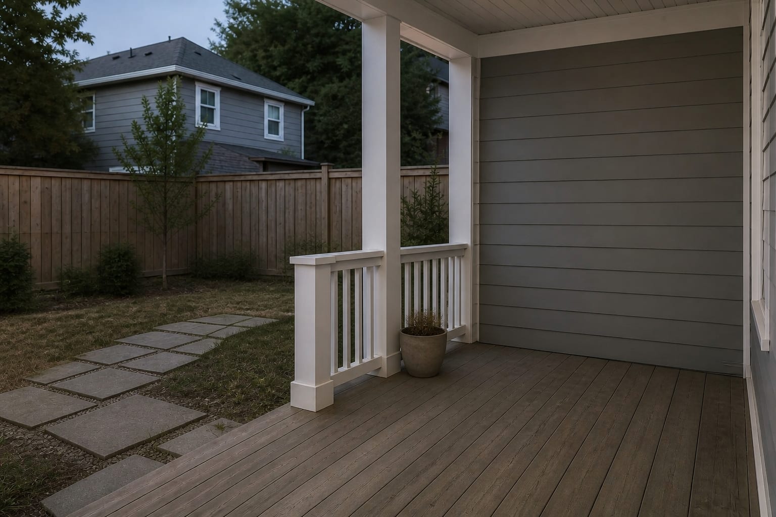 underused porch corner with bare floorboards, no swing, and a single small planter near the railing