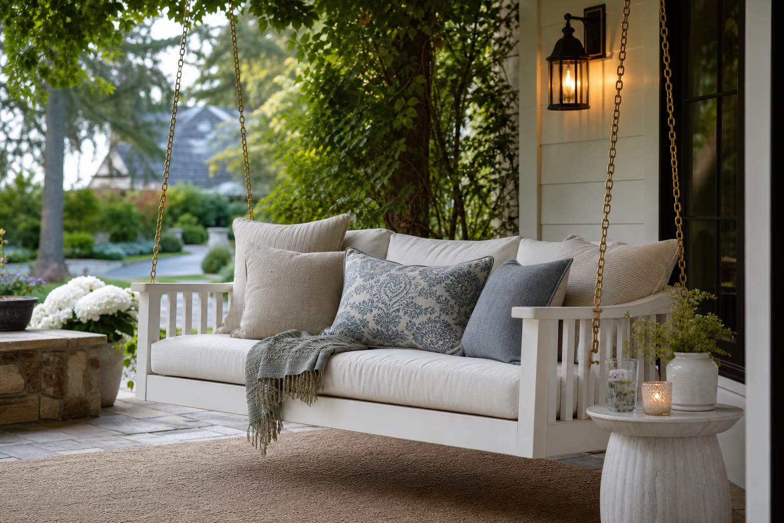 white wooden hanging porch swing with deep cushions, brass chains, side table, and layered outdoor pillows on a shaded porch