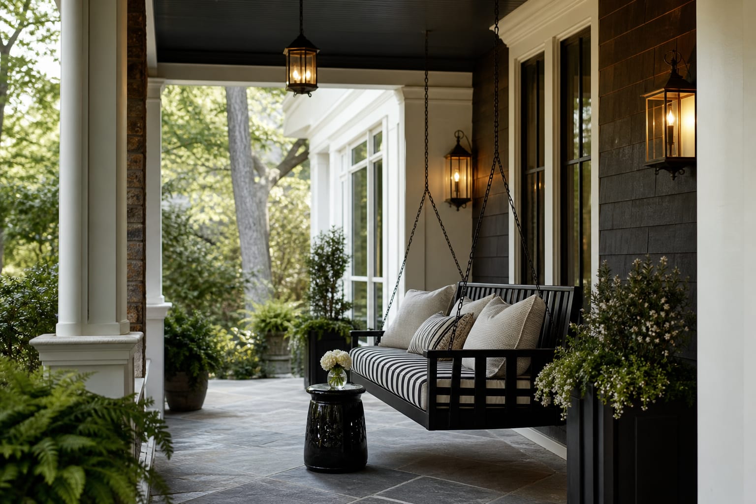 black chain hanging porch swing with striped outdoor cushion, lanterns, and planters on a deep traditional porch
