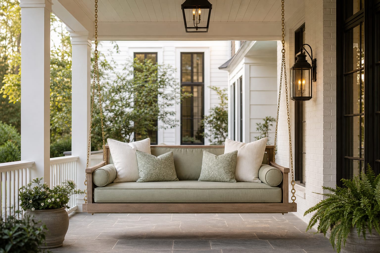 AI preview of a porch swing in the same front porch photo with alternate cushion colors and hanging hardware finishes