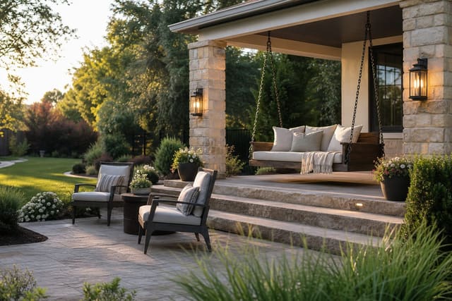 Porch Swing Ideas: The Outdoor Feature Worth Installing shown as a photorealistic outdoor redesign with layered materials, planting, lighting, and clear circulation