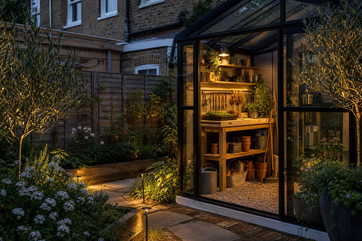 same greenhouse corner converted into a potting shed with timber workbench, peg rail, seed trays, gravel threshold, shelves, and warm task light