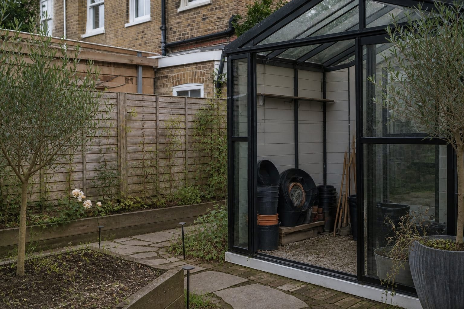 underused greenhouse corner with stacked plastic pots, muddy floor, no workbench, and tools leaning against glass