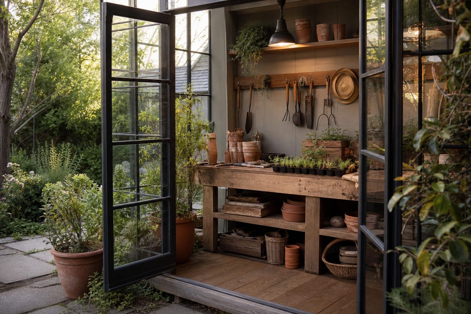 converted greenhouse potting shed with timber bench, peg rail, terracotta pots, seed trays, and garden tools arranged beside glass doors