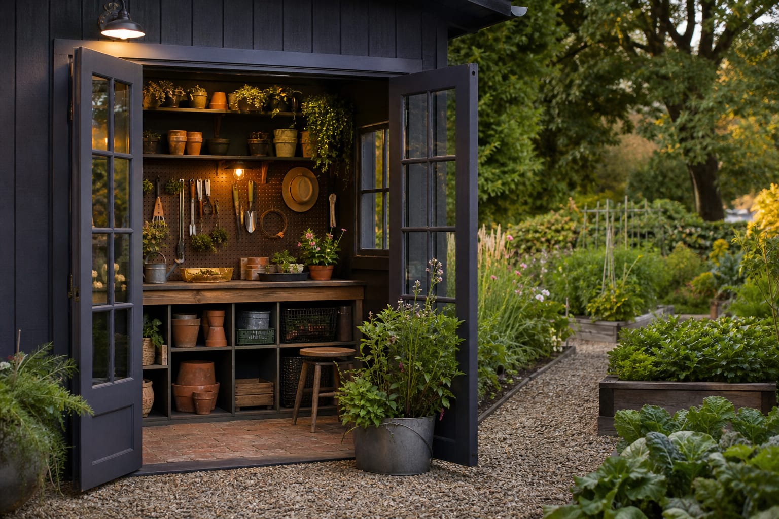 small garden potting room with pegboard tools, seed trays, terracotta pots, open shelves, and a gravel path leading to raised beds