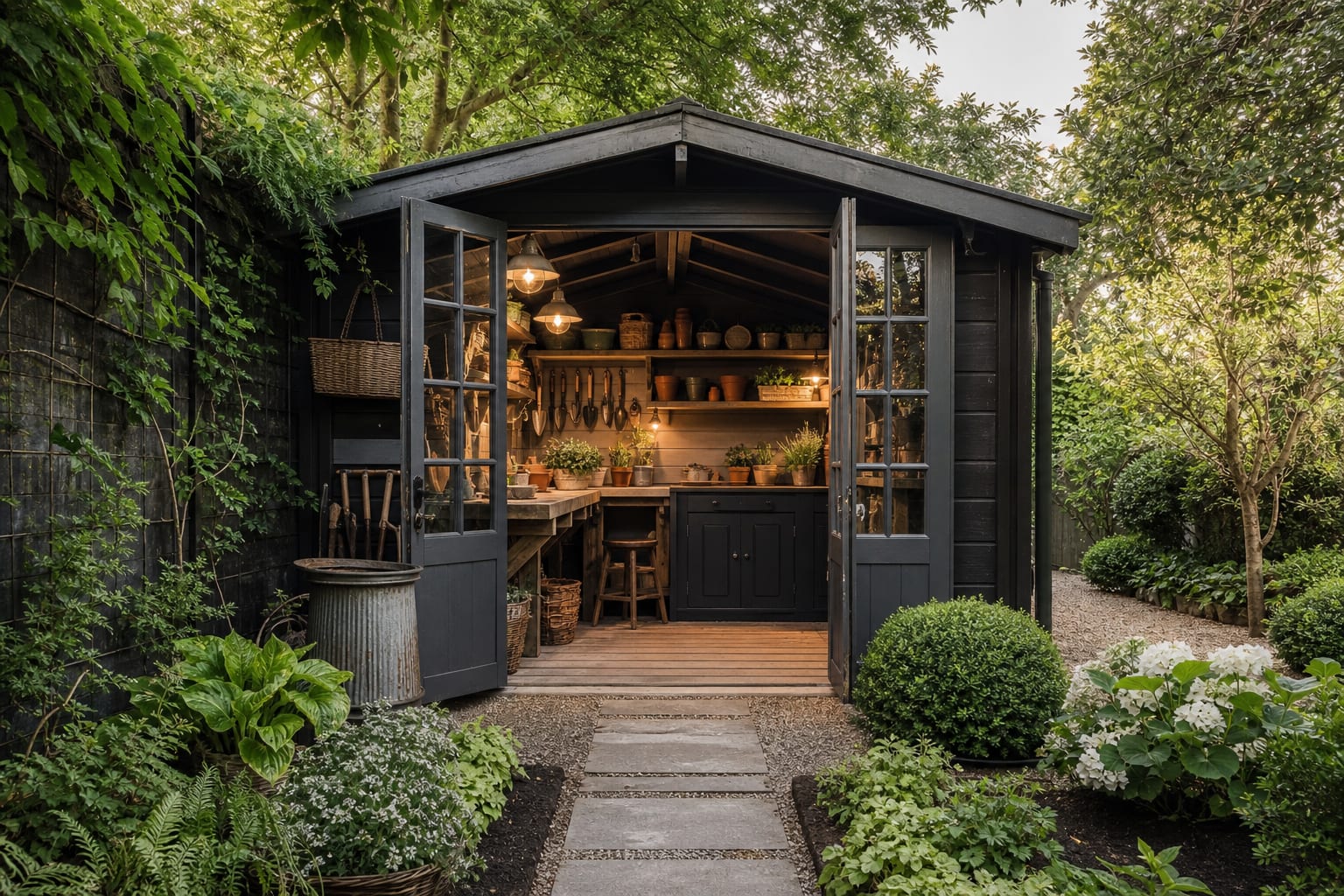 AI preview of a potting shed conversion showing bench placement, tool storage, task lighting, shelves, and a clear garden path