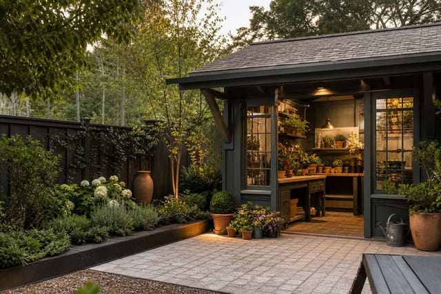 Greenhouse to Potting Shed: Potting Shed Design Ideas for Multiple Uses shown as a photorealistic outdoor redesign with layered materials, planting, lighting, and clear circulation