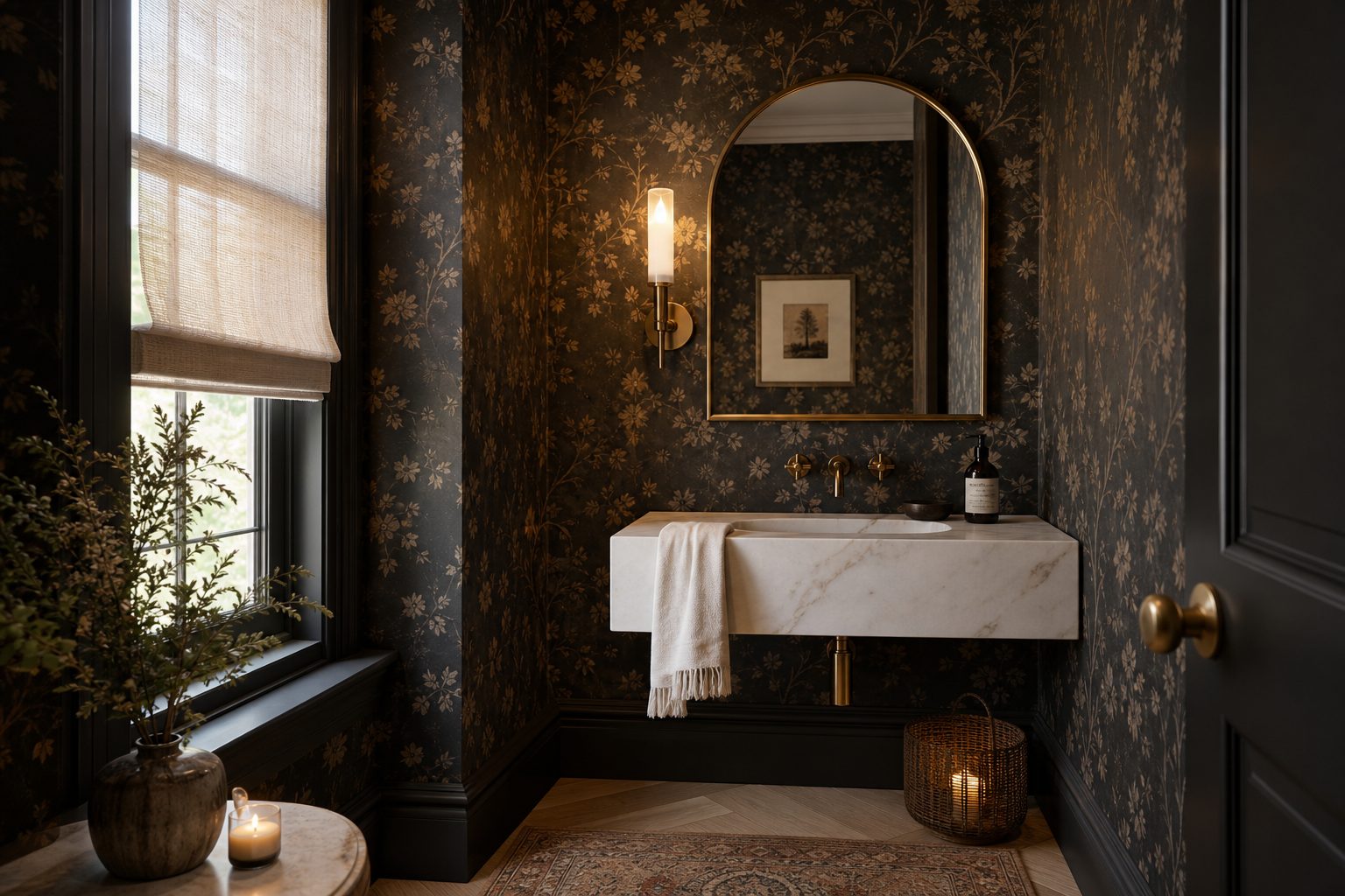 tiny powder room with a wall-mounted sink, large arched mirror, brass sconce, and patterned dark wallpaper