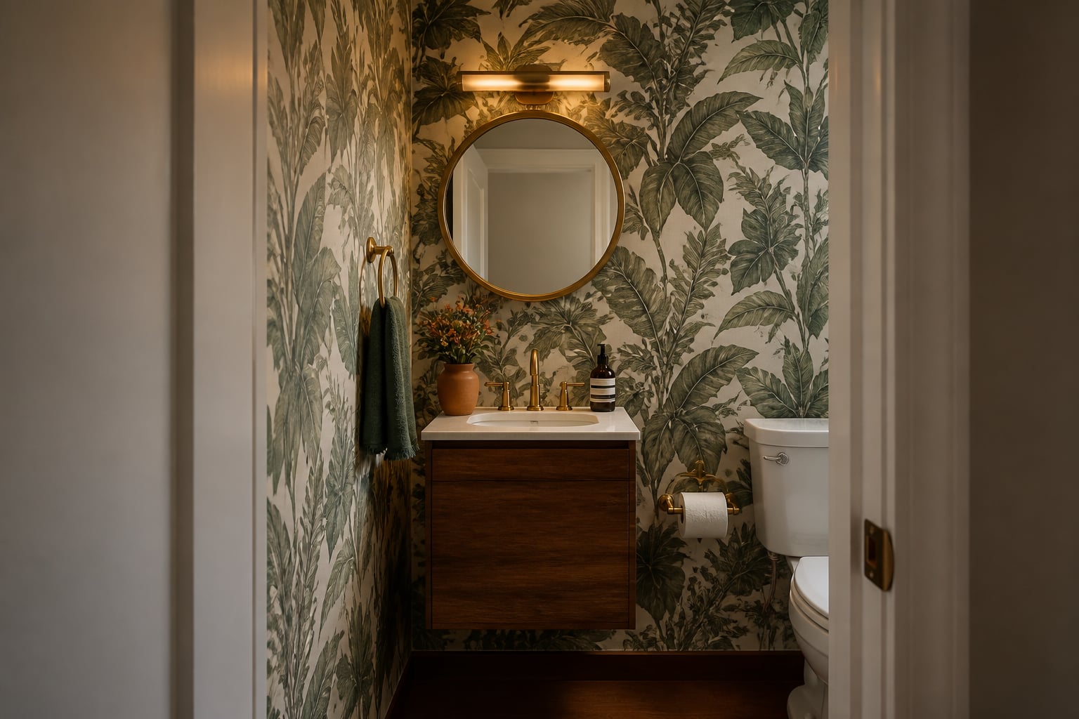 Same tiny powder room with floor-to-ceiling emerald botanical wallpaper, a slim walnut floating vanity, a round brass mirror, a single warm brass sconce, and dark wood-plank flooring.