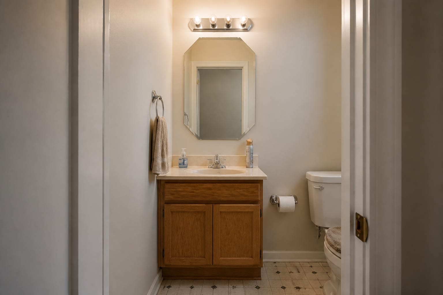Tiny powder room with a bulky builder-oak vanity, plastic shell mirror, builder strip vanity light, vinyl tile floor, and a taupe toilet-seat cover.