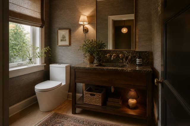 Editorial interior photograph showing powder room ideas in a real powder room, with jewel-box powder room materials, layered warm lighting, functional furniture placement, and a magazine-quality residential composition.