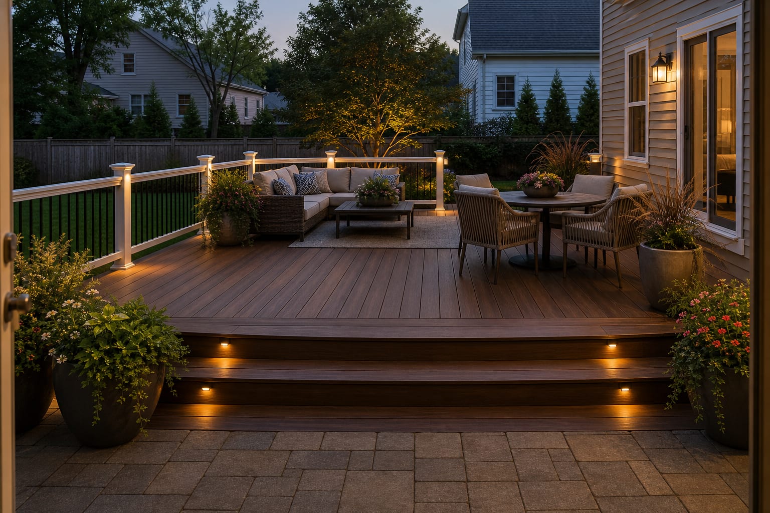 same backyard deck with stained pressure-treated boards, picture-frame border, black railing, planters, lounge seating, and warm step lights
