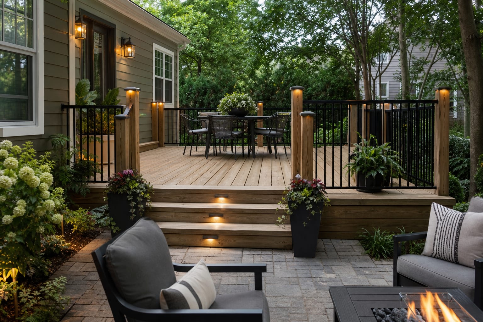 pressure-treated wood deck with picture-frame border, black railings, planters, and warm step lighting beside a small backyard seating area
