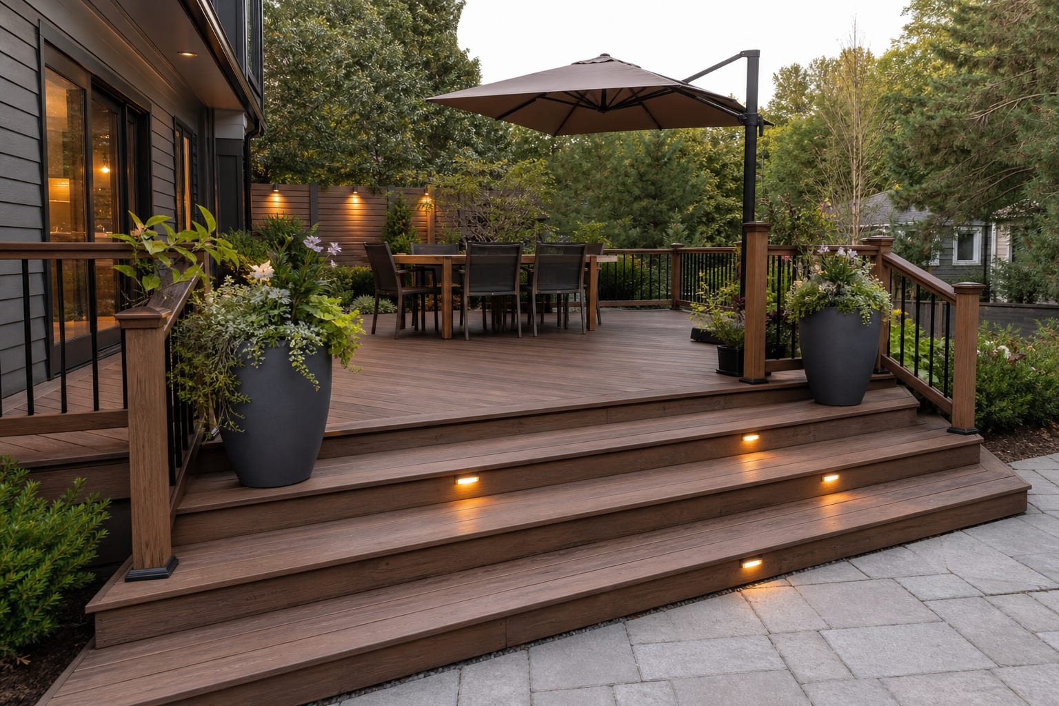 pressure-treated deck corner with wide steps, black balusters, a mid-tone stain, and oversized planters defining a dining zone