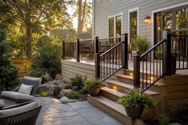 pressure-treated wood deck with picture-frame border, black railings, planters, and warm step lighting beside a small backyard seating area