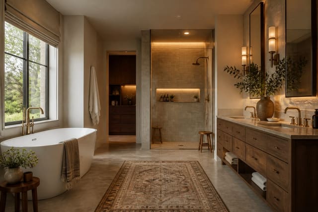 Editorial interior photograph showing primary bathroom ideas in a real primary bathroom, with spa-like bathroom materials, layered warm lighting, functional furniture placement, and a magazine-quality residential composition.