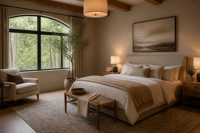 Primary Bedroom Retreat Design: A Calm, Restful Plan, shown as warm editorial Re-Design photography with believable residential scale, natural light, clear material detail, no overlaid text, no watermark