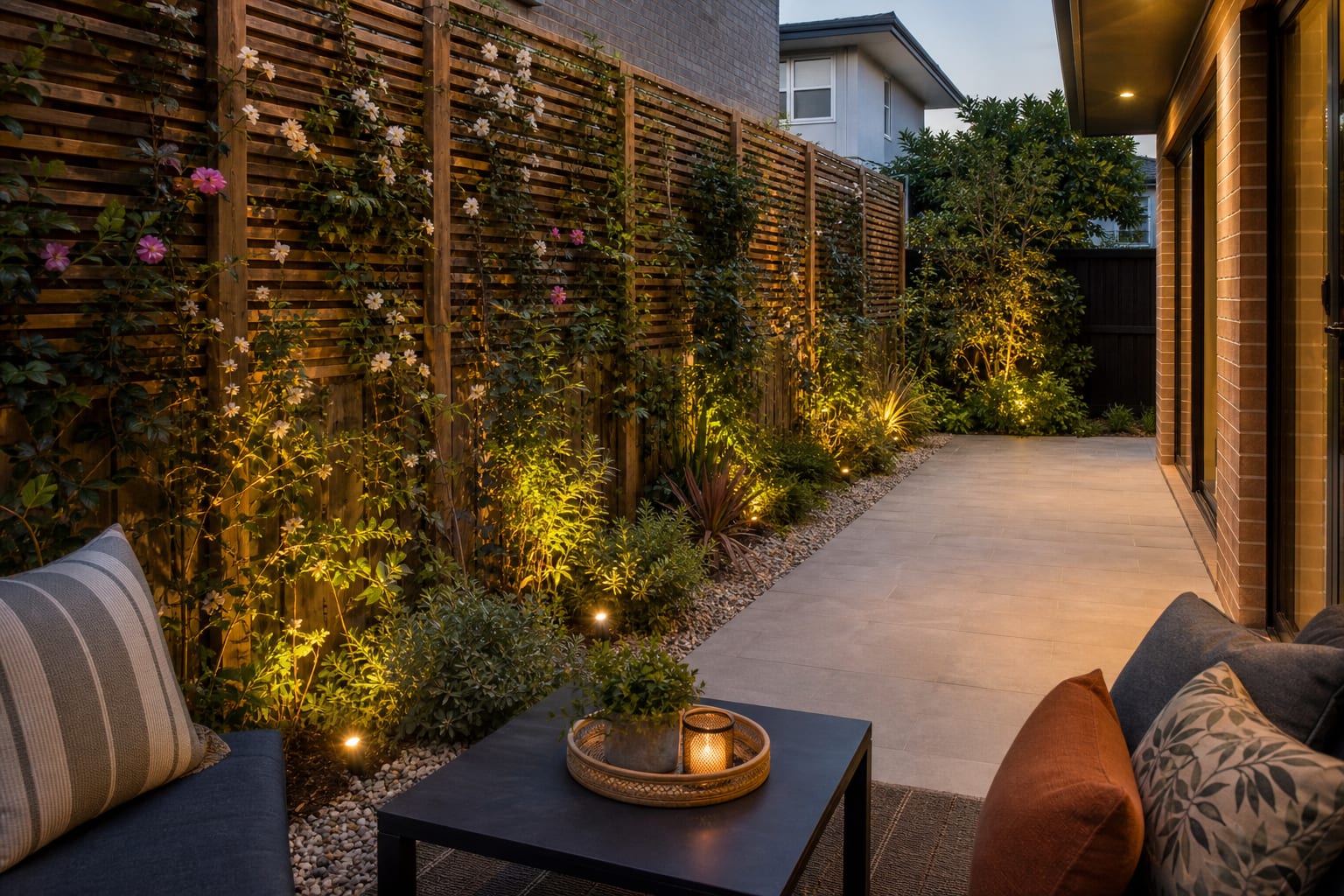 same garden patio with timber trellis, evergreen climbing plants, flowering accents, gravel border, and soft path lights.