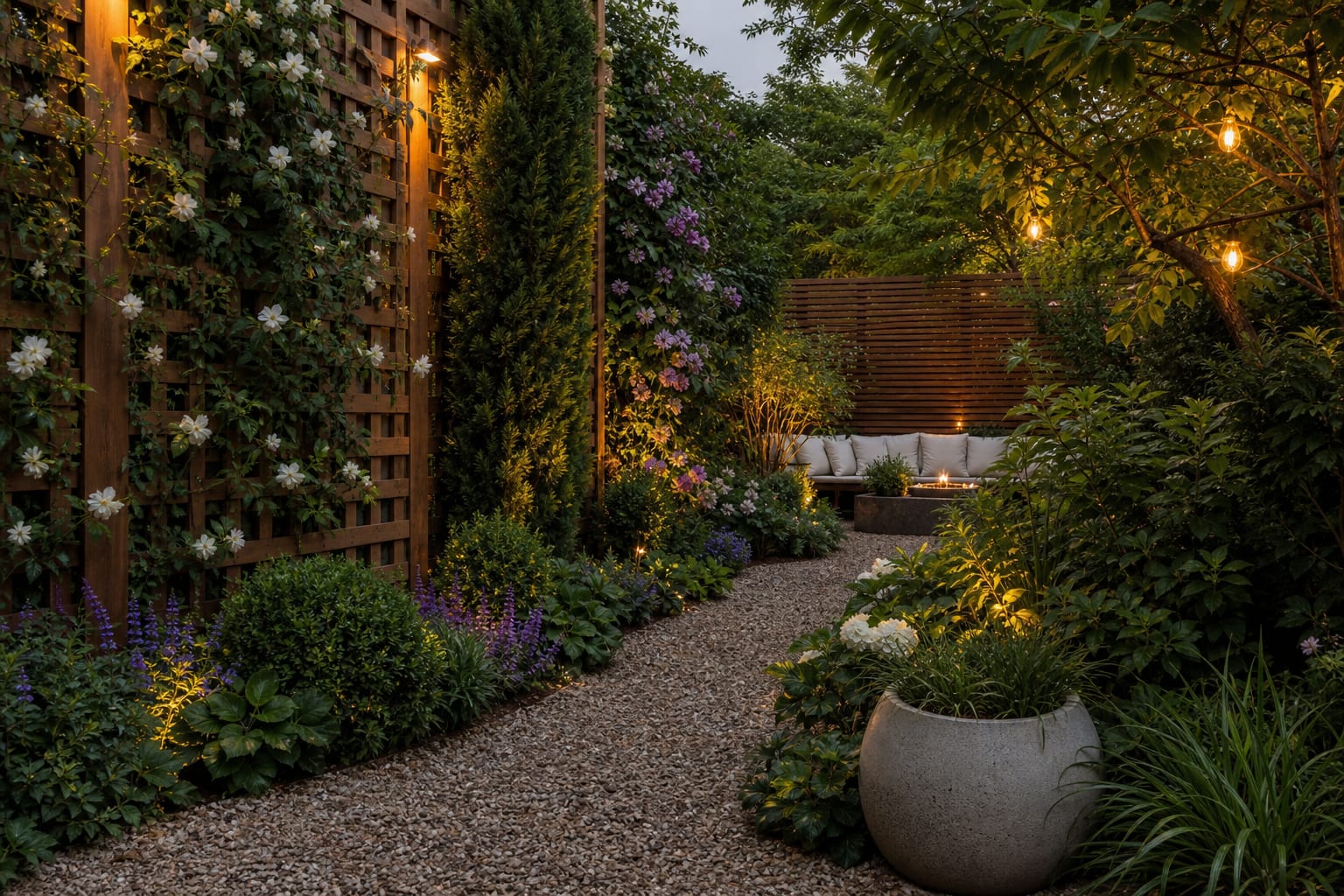 wood privacy trellis with evergreen climbers, flowering vines, gravel path, and layered planting in a compact garden