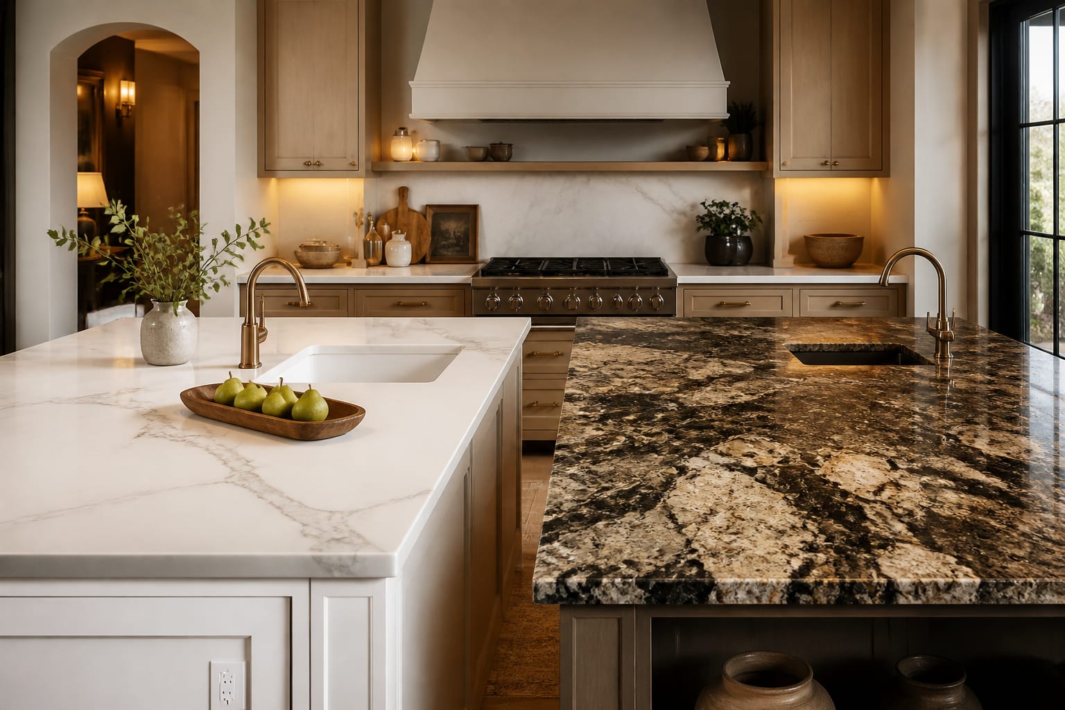 Quartz vs Granite Countertop: The Complete Comparison, shown as warm editorial Re-Design photography with believable residential scale, no overlaid text, no watermark