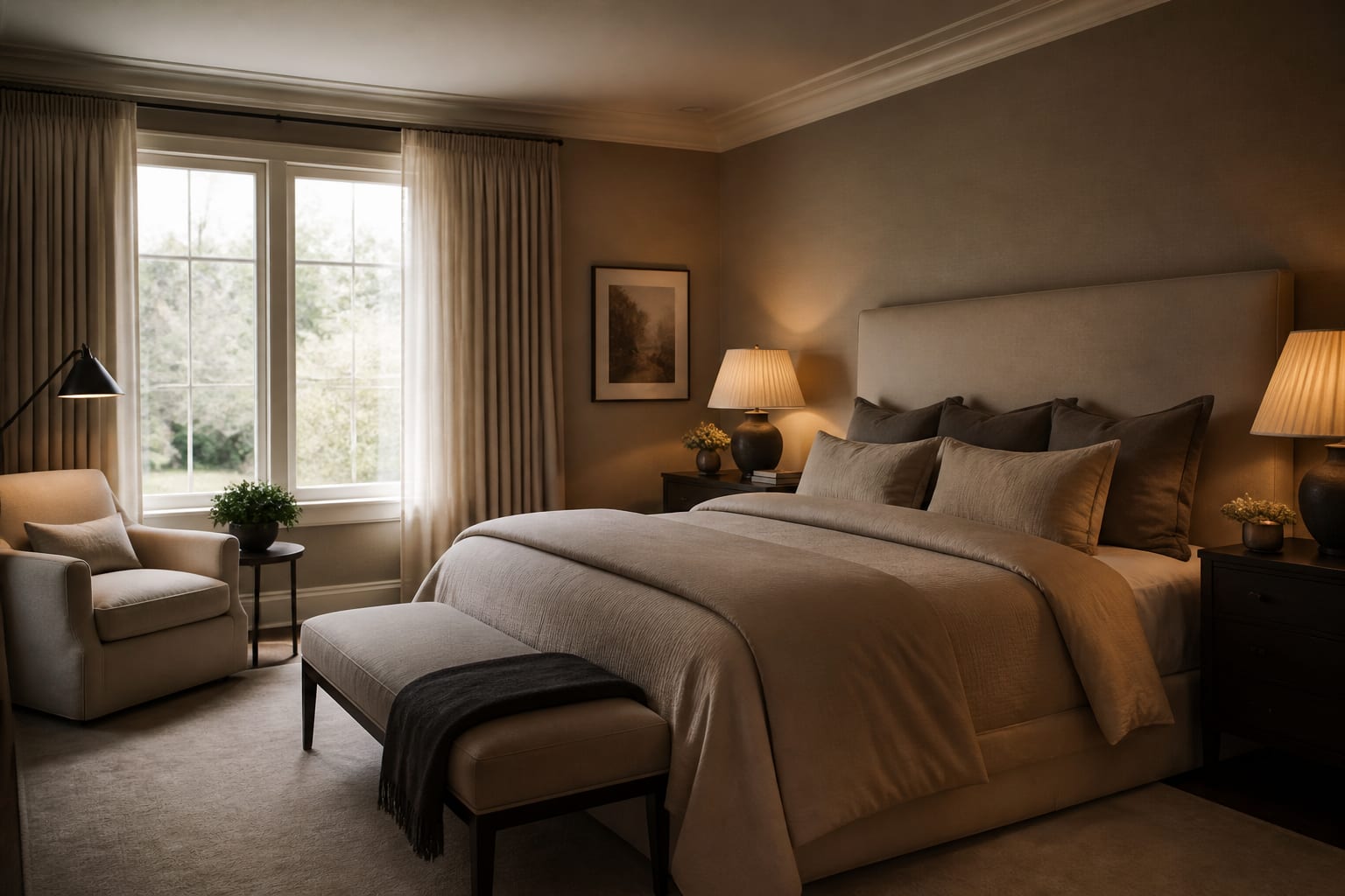 Editorial interior photograph showing quiet luxury bedroom ideas that feel genuinely expensive in a real bedroom, with quiet luxury materials, layered warm lighting, styled furniture, and a magazine-quality residential composition.