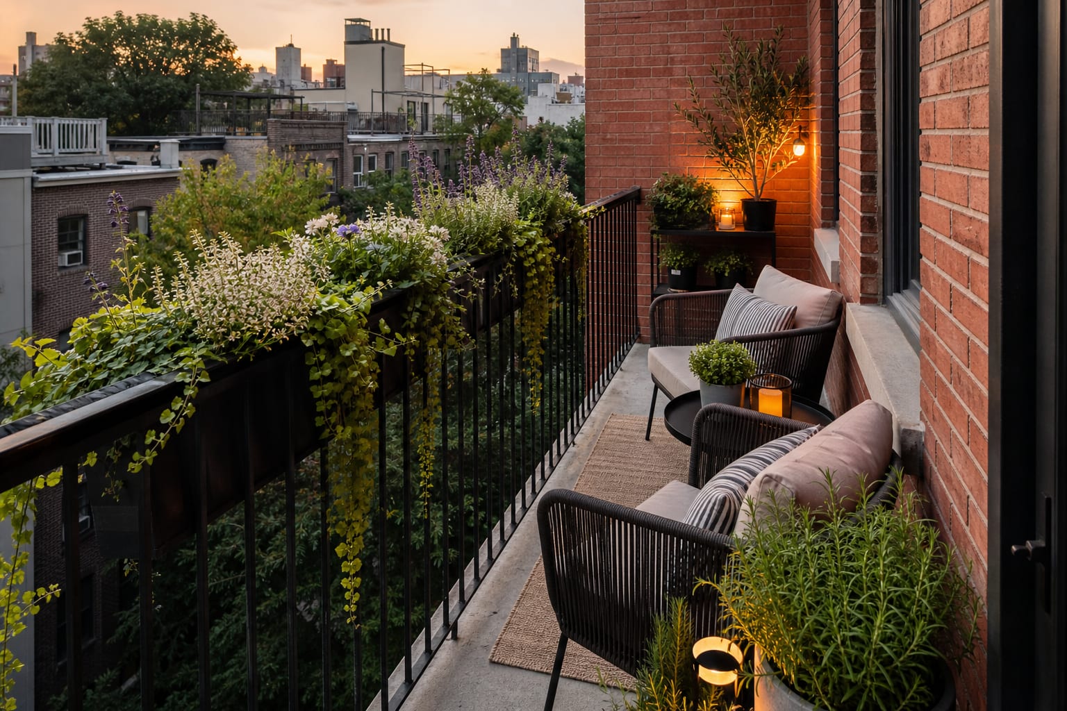 same balcony with slim railing flower boxes, trailing greenery, compact seating, herbs, and a neat planted edge