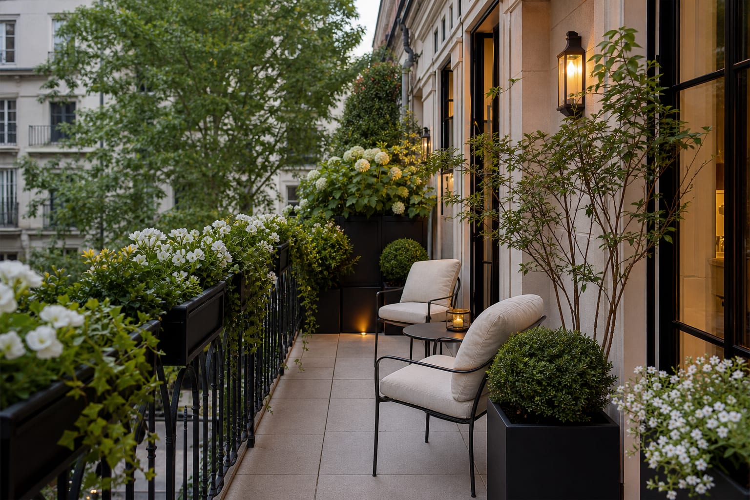 balcony railing with black metal flower boxes, trailing greenery, compact chairs, and a clear walking path on a city balcony
